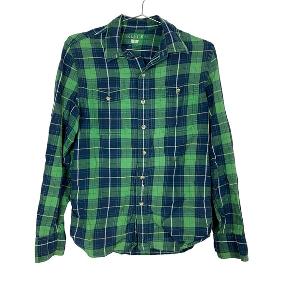 Men's Levi's Green Blue & White Plaid Button Down Shirt - Picture 1 of 6